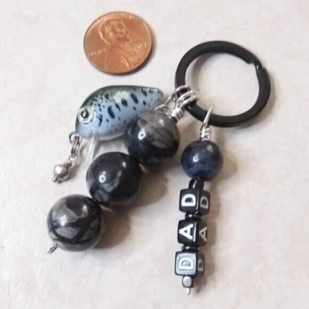 DAD! Personalized Fishing Lure Key Chain - Beaded Black + Gray Fish Key Ring